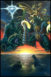 Rule 34 | acrylic paint (medium), alien, amputee, anguirus, cloud, cocoon, conjoined, cyborg, dawn, diamond (gemstone), dinosaur, dragon, gigan, glowing, glowing eyes, godzilla, godzilla (series), godzilla tower, godzilla vs. gigan, gold skin, horns, hydra, king ghidorah, muscular, muscular male, night, no humans, ocean, painting (medium), pectorals, prosthesis, prosthetic arm, ray fromme, red eyes, saw, sea monster, shell, sky, space monster, spikes, star (sky), starry sky, sun, traditional media, trendmasters, water, world children&#039;s land