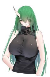 Rule 34 | 1girl, arknights, bare shoulders, black shirt, breasts, commentary request, cropped torso, green eyes, green hair, highres, horn/wood, horns, hoshiguma (arknights), huge breasts, looking at viewer, one eye closed, shirt, simple background, single horn, skin-covered horns, sleeveless, sleeveless shirt, solo, turtleneck, turtleneck shirt, upper body, white background
