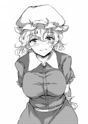 Rule 34 | 1girl, arms behind back, blush, breasts, buttons, deetamu, greyscale, hand on own hip, hat, highres, large breasts, leaning forward, looking at viewer, maribel hearn, mob cap, monochrome, popped collar, short hair, smile, touhou