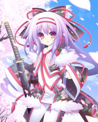 Rule 34 | 1boy, armor, blush, bow, crossdressing, hair bow, highres, long hair, male focus, mori ranmaru, nature, open mouth, outdoors, purple hair, red eyes, sengoku musou, skirt, sky, sleeves past wrists, solo, sword, trap, weapon