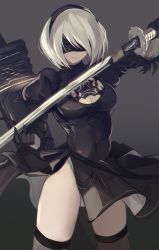 Rule 34 | 1girl, 2b (nier:automata), android, blindfold, breasts, cleavage, cleavage cutout, clothing cutout, covered eyes, covered navel, cowboy shot, dress, grey background, holding, holding sword, holding weapon, katana, leotard, mole, mole under mouth, nakaichi (ridil), nier:automata, nier (series), simple background, solo, sword, thighhighs, turtleneck, turtleneck dress, two-sided fabric, two-sided skirt, weapon, weapon on back, white hair