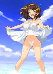 Rule 34 | 1girl, absurdres, bare shoulders, blue sky, blush, bow, bowtie, brown hair, closed eyes, cloud, cloudy sky, collarbone, day, dress, hairband, haruhisky, highleg, highleg panties, highres, holding, navel, nipples, ocean, open mouth, outdoors, panties, see-through, shiny skin, short hair, simple background, skirt hold, sky, sleeveless, sleeveless dress, smile, solo, stomach, suzumiya haruhi, suzumiya haruhi no yuuutsu, thighs, underwear, wading, water, water drop, wet, wet clothes, white dress, white panties