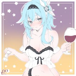 Rule 34 | 1girl, :t, absurdres, alcohol, alternate costume, bare shoulders, blue hair, blush, border, breasts, camisole, candy, cleavage, collarbone, crossed legs, cup, detached sleeves, dodosako, drinking glass, duplicate, eula (genshin impact), food, frilled sleeves, frills, genshin impact, gradient background, grey eyes, hair ornament, hands up, highres, holding, holding candy, holding cup, holding food, inset border, lace-trimmed camisole, lace trim, large breasts, medium hair, outline, purple background, signature, solo, star (symbol), thigh strap, upper body, white border, white camisole, white outline, wine, wine glass, yellow background
