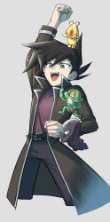 Rule 34 | 1boy, :d, arm up, belt, black belt, black hair, bright pupils, character request, clenched hands, coat, commentary request, grey background, grey eyes, koma yoichi, long sleeves, male focus, open clothes, open coat, open mouth, pants, purple shirt, shirt, smile, spiked hair, teeth, tongue, upper teeth only, white pupils, yu-gi-oh!