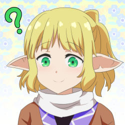 Rule 34 | 1girl, ?, blonde hair, brown shirt, cato (monocatienus), commentary request, floral background, gradient background, green eyes, half updo, looking at viewer, mizuhashi parsee, pointy ears, portrait, scarf, shirt, short hair, sidelocks, smile, solo, touhou, white background, white scarf, yellow background