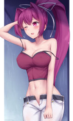 Rule 34 | breasts, camisole, crop top, highres, large breasts, midriff, navel, one eye closed, open fly, pants, ponytail, purple eyes, purple hair, rain, soukitsu, strap slip, under night in-birth, white pants, yuzuriha (under night in-birth)