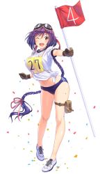 Rule 34 | 1girl, ;d, braid, breasts, brown gloves, clenched hands, confetti, flag, formation girls, full body, gloves, goggles, goggles on head, hachimaki, hair ribbon, headband, highres, holding, holding flag, large breasts, long hair, looking at viewer, midriff, navel, nina pawlenko, official art, one eye closed, open mouth, purple hair, ribbon, shoes, short sleeves, simple background, single braid, smile, sneakers, solo, tenkuu nozora, track uniform, transparent background, very long hair