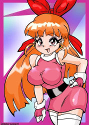 Rule 34 | 1girl, blossom (ppg), blush, bow, breasts, cartoon network, dress, earrings, eyeshadow, gloves, hair bow, hand on own hip, jewelry, large breasts, long hair, looking at viewer, makeup, open mouth, orange hair, pink dress, pink gloves, powerpuff girls, red bow, red eyes, sinisterserpent, sleeveless, sleeveless dress, smile, standing, thighhighs, white thighhighs