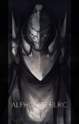 Rule 34 | 1boy, alphonse elric, apron, armor, character name, commentary request, dark background, flamel symbol, from above, full armor, fullmetal alchemist, glowing, glowing eyes, helmet, highres, male focus, marumoru, pillarboxed, shoulder spikes, simple background, spikes, standing