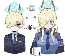 Rule 34 | 1girl, animal ears, asymmetrical bangs, blonde hair, blue archive, blue halo, blue jacket, blue necktie, blue shirt, blush, breasts, chibi, chibi inset, commentary request, cropped torso, cup, dalgam12, hair over one eye, halo, highres, holding, holding cup, jacket, kanna (blue archive), kanna (young) (blue archive), large breasts, long hair, looking at viewer, medium breasts, mug, multiple views, necktie, nose blush, one eye covered, shaded face, sharp teeth, shirt, short hair, simple background, spoken squiggle, squiggle, teeth, translation request, upper body, white background