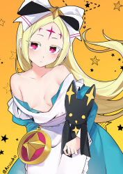 Rule 34 | 1girl, absurdres, apron, areola slip, artist name, arusuko, bare shoulders, blonde hair, blue dress, bow, breasts, closed mouth, collarbone, dress, forehead, hair bow, highres, light frown, long hair, looking at viewer, mahou shoujo ni akogarete, morino korisu, nero alice, off shoulder, parted bangs, red eyes, small breasts, solo, twitter username, venalita, very long hair, white apron, white bow