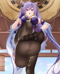 Rule 34 | 1girl, absurdres, artist request, blush, feet, femdom, foot focus, from below, genshin impact, gloves, highres, keqing (genshin impact), long hair, looking down, pantyhose, purple eyes, soles, solo, toes, twintails