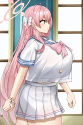 Rule 34 | 1girl, ahoge, blue archive, blurry, blurry background, blush, bow, braid, breasts, buttons, clenched hands, commentary request, from side, green eyes, hair between eyes, hair bow, halo, hanako (blue archive), highres, huge breasts, long hair, midriff peek, parted lips, pink bow, pink hair, pink halo, pleated skirt, sailor collar, school uniform, serafuku, shirt, short sleeves, skirt, solo, t-shirt, white bow, white shirt, white skirt, zawashi (zawashio1013)