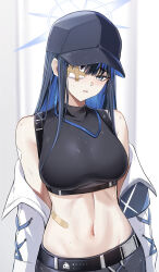 Rule 34 | 1girl, absurdres, bandaid, bare shoulders, baseball cap, bee doushi, belt, black belt, black hair, black hat, black shirt, blue archive, blue eyes, blue hair, breasts, coat, colored inner hair, commentary request, crop top, hat, highres, large breasts, long hair, looking at viewer, lowleg, lowleg pants, midriff, multicolored hair, navel, off shoulder, open clothes, open coat, pants, parted lips, partial commentary, saori (blue archive), shirt, sleeveless, sleeveless shirt, solo, stomach, upper body, very long hair, white coat