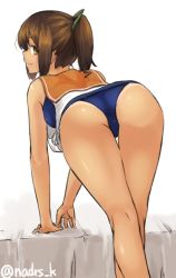 Rule 34 | 10s, 1girl, arm support, ass, bare shoulders, bent over, blush, brown eyes, brown hair, i-401 (kancolle), kantai collection, kneepits, looking at viewer, looking back, nazunakku, one-piece swimsuit, ponytail, sailor collar, school swimsuit, school uniform, short hair, short ponytail, smile, solo, swimsuit, swimsuit under clothes, tan, twitter username