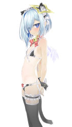 Rule 34 | 1105, 1girl, amane kanata, anal tail, angel, angel wings, animal ears, asymmetrical bangs, bell, bikini, black bra, black panties, black thighhighs, blue hair, bow, bow panties, bra, breasts, butt plug, cat ears, cat tail, colored inner hair, eyes visible through hair, fake tail, feathered wings, frilled bra, frills, front-tie top, hair over one eye, halo, highres, hololive, looking at viewer, looking to the side, loose panties, mini wings, multicolored hair, navel, one-piece tan, panties, parted lips, purple eyes, red neckwear, short hair, side-tie bikini bottom, silver hair, simple background, single hair intake, small breasts, solo, standing, star halo, swimsuit, tail, tan, tanline, thigh strap, thighhighs, underwear, virtual youtuber, white background, white wings, wings, wrist cuffs