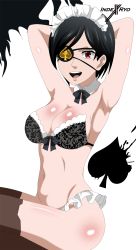 Rule 34 | 1girl, absurdres, armpits, bikini, black clover, black hair, breasts, eyepatch, female focus, hair ornament, highres, indexryo, large breasts, maid, maid bikini, open mouth, panties, red eyes, short hair, smile, swimsuit, tagme, unconventional maid, underwear, vanica zogratis
