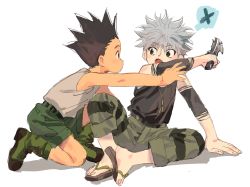 Rule 34 | 2boys, black hair, fang, gon freecss, highres, holding, holding knife, holding weapon, hunter x hunter, killua zoldyck, knife, male focus, mito tomiko, multiple boys, sandals, sleeveless, spiked hair, weapon, white background, white hair