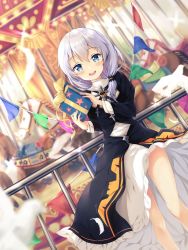 Rule 34 | 1girl, :d, animal, artist request, bad id, bird, black dress, blue eyes, blurry, blurry foreground, carnival, carousel, dove, dress, feathers, gift, highres, holding, holding gift, honkai (series), honkai impact 3rd, long hair, long sleeves, looking at viewer, nun, open mouth, side ponytail, smile, solo, theresa apocalypse, theresa apocalypse (valkyrie pledge), white hair