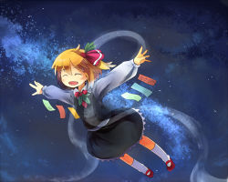 Rule 34 | 1girl, ^ ^, blonde hair, blush, child, closed eyes, embodiment of scarlet devil, fang, female focus, hair ribbon, mary janes, murani, necktie, open mouth, outdoors, outstretched arms, ribbon, rumia, shoes, short hair, sky, smile, socks, solo, spread arms, tanabata, tanzaku, touhou, white socks