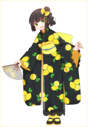 Rule 34 | 1girl, :d, black footwear, black kimono, blush, bow, brown hair, fang, fingernails, folding fan, hair bow, hair bun, hakusai (tiahszld), hand fan, holding, holding fan, japanese clothes, kimono, leaning to the side, lemon print, long sleeves, looking at viewer, obi, one side up, open mouth, original, polka dot, print kimono, sash, shoes, side bun, single hair bun, single side bun, smile, socks, solo, wide sleeves, yellow bow, yellow socks