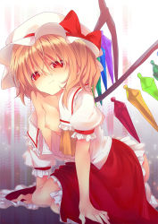 Rule 34 | 1girl, arm support, bad id, bad pixiv id, bare shoulders, blonde hair, breasts, embodiment of scarlet devil, fang, female focus, flandre scarlet, flat chest, hat, light smile, mzyk, nipples, off shoulder, open clothes, open shirt, red eyes, shirt, short hair, sitting, solo, touhou, wings