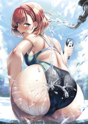Rule 34 | 1girl, aqua eyes, ass, ass grab, back, blue sky, blurry, blurry background, blush, cloud, commentary request, competition swimsuit, day, embarrassed, faucet, hair between eyes, hassen (8cm), holding, looking at viewer, one-piece swimsuit, open mouth, original, qr code, red eyes, short hair, shoulder blades, sky, solo, swimsuit, water, water drop, wet