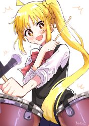 Rule 34 | 1girl, ahoge, artist name, blonde hair, blush, bocchi the rock!, bow, bowtie, bright pupils, collared shirt, cowboy shot, detached ahoge, drum, drum set, highres, ijichi nijika, instrument, long hair, long sleeves, looking at viewer, microphone, music, natsuzakaremon, open mouth, playing instrument, red bow, red bowtie, red eyes, school uniform, shimokitazawa high school uniform, shirt, side ponytail, sidelocks, simple background, smile, solo, standing, sweat, v-shaped eyebrows, very long hair, white background, white pupils, white shirt
