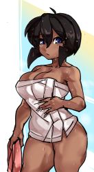 Rule 34 | 1girl, ahoge, black hair, bob cut, breasts, cleavage, collarbone, dark skin, dark-skinned female, gunsmith cats, highres, holding, holding towel, impossible towel, large breasts, looking at viewer, naked towel, purple eyes, rally vincent, solo, standing, thick thighs, thighs, towel, wet, white towel, zanamaoria