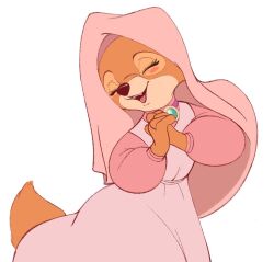 Rule 34 | 1girl, :3, ^ ^, animal nose, aqua gemstone, blush, blush stickers, body fur, brooch, closed eyes, dress, fangs, female focus, flat color, fox girl, fox tail, furry, furry female, habit, hands up, happy, interlocked fingers, jewelry, long dress, long sleeves, maid marian (disney), multicolored fur, open mouth, orange fur, own hands together, pink dress, pink headwear, robin hood (disney), simple background, smile, snout, solo, standing, tail, teeth, tohupo, tongue, white background