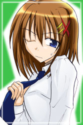 Rule 34 | 00s, 1girl, brown hair, hair ornament, lowres, lyrical nanoha, mahou shoujo lyrical nanoha, mahou shoujo lyrical nanoha strikers, necktie, one eye closed, short hair, solo, source request, wink, x hair ornament, yagami hayate, zinno