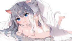 Rule 34 | 1girl, :d, animal ears, arm up, artist name, bed sheet, blue eyes, blue nails, blurry, blurry background, blush, breasts, cat ears, cat girl, cat tail, commentary request, depth of field, feet out of frame, grey hair, hair between eyes, hair censor, hair over breasts, highres, leg up, long hair, long sleeves, looking at viewer, lying, mafuyu (chibi21), nail polish, naked shirt, off shoulder, on stomach, open clothes, open mouth, open shirt, original, shirt, signature, simple background, sleeves past wrists, small breasts, smile, solo, tail, under covers, white background, white shirt