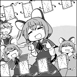 Rule 34 | 2girls, animal ears, blush, capelet, closed eyes, dress, drooling, foul detective satori, greyscale, hair between eyes, index fingers raised, long sleeves, monochrome, mouse ears, mouse tail, mouth drool, multiple girls, multiple views, nanachise7, nazrin, open mouth, rag, shawl, short hair, smile, tail, toramaru shou, touhou