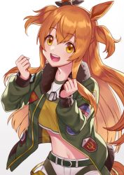 Rule 34 | 1girl, :d, akatsuki (kuon), animal ears, belt, bomber jacket, bow, breasts, brown ribbon, clenched hands, commentary request, cowboy shot, crop top, dog tags, ear ribbon, green belt, green jacket, hair between eyes, hands up, horse ears, horse girl, horse tail, jacket, long hair, long sleeves, looking at viewer, mayano top gun (umamusume), midriff, navel, open clothes, open jacket, open mouth, orange eyes, orange hair, ribbon, shirt, short shorts, shorts, sidelocks, simple background, small breasts, smile, solo, standing, tail, teeth, twitter username, two side up, umamusume, upper teeth only, white background, white shorts, yellow shirt