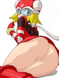 Rule 34 | 1girl, ass, back, blonde hair, boots, harp note (mega man), huge ass, isu, kneeling, lowres, mega man (series), mega man star force, no panties, pussy, solo, sonia strumm (mega man), thick thighs, thighs, when you see it, white background