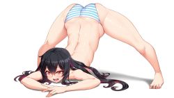 Rule 34 | 1girl, arata, arm support, ass, back, bare legs, barefoot, black hair, blue panties, blush, breasts, full body, genderswap, genderswap (mtf), highres, jack-o&#039; challenge, long hair, medium breasts, multicolored hair, open mouth, panties, purple hair, red eyes, ren (witch&#039;s weapon), sideboob, simple background, solo, spread legs, striped clothes, striped panties, top-down bottom-up, topless, two-tone hair, underwear, white background, witch&#039;s weapon