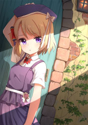 Rule 34 | 1girl, ame., arm up, azur lane, beret, blonde hair, blue hat, blush, bow, breasts, brick wall, collared shirt, commentary request, cross, door, dress shirt, dutch angle, hat, highres, iron cross, lantern, looking at viewer, parted lips, pleated skirt, purple eyes, purple skirt, purple vest, red bow, shirt, short sleeves, skirt, small breasts, solo, striped, striped bow, vest, white bow, white shirt, z23 (azur lane)