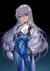 Rule 34 | 1girl, blue background, blue gloves, bodysuit, bronya zaychik, closed mouth, commentary request, cowboy shot, earrings, expressionless, ginklaga, gloves, gradient background, grey eyes, hair between eyes, hair ornament, hand on own arm, highres, honkai (series), honkai impact 3rd, jewelry, long hair, looking at viewer, multicolored bodysuit, multicolored clothes, neon genesis evangelion, plugsuit, silver hair, solo, very long hair