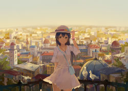 Rule 34 | 10s, 1girl, arch, arm behind back, bag, bird, black hair, city, cityscape, dome, dress, hand on headwear, hat, hat ribbon, horizon, huanxiang heitu, jewelry, light smile, long hair, looking at viewer, love live!, love live! school idol festival, love live! school idol project, necklace, outdoors, pendant, pigeon, railing, red ribbon, ribbon, rooftop, scenery, scrunchie, shoulder bag, sky, smile, solo, sonoda umi, spire, sun hat, white dress, white hat, wrist scrunchie, yellow eyes