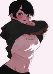 Rule 34 | 1girl, absurdres, black hair, black hoodie, blush, clothes lift, commentary request, crop top, green eyes, grey background, groin, highres, hood, hoodie, hoodie lift, kms2605, korean commentary, long sleeves, looking at viewer, midriff, navel, original, parted lips, shirt, short hair, simple background, solo, teeth, upper body, upper teeth only, white shirt