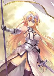 Rule 34 | 1girl, armor, bare shoulders, blonde hair, braid, breasts, fate/apocrypha, fate/grand order, fate (series), flag, hair down, headpiece, highres, impossible clothes, impossible shirt, jeanne d&#039;arc (fate), jeanne d&#039;arc (ruler) (fate), jeanne d&#039;arc (third ascension) (fate), large breasts, long hair, purple eyes, qnakamura, shirt, solo, sword, very long hair, weapon