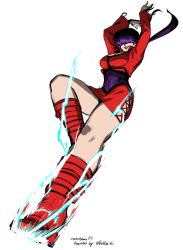 Rule 34 | 1girl, arms up, bad id, bad twitter id, breasts, covered eyes, dress, drop kick, flying kick, kicking, large breasts, lightning, long hair, nyattoberry, purple hair, shermie (kof), short dress, solo, the king of fighters
