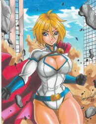 Rule 34 | 1girl, 2020, blonde hair, blue eyes, breasts, cape, cleavage, cleavage cutout, clothing cutout, dc comics, destruction, frown, gloves, highres, kara zor-l, karen starr, large breasts, leotard, power girl, ravernclouk design, short hair, solo, superman (series), thick thighs, thighs, traditional media, white leotard
