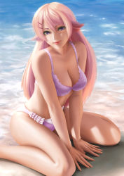Rule 34 | 1girl, bare legs, beach, blonde hair, bra, breasts, character name, cleavage, hair ornament, hairclip, highres, kujou shion, lace, lace-trimmed bra, lace bra, lace trim, light smile, lips, long hair, looking at viewer, outdoors, panties, purple bra, purple eyes, purple panties, sitting, smile, solo, sounan desuka?, spj, underwear, wariza