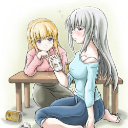 Rule 34 | 00s, 2girls, alcohol, beer, blonde hair, blue eyes, blush, bra strap, capri pants, denim, drunk, grey hair, jeans, jewelry, long hair, looking at another, looking back, multiple girls, off shoulder, pants, pendant, red eyes, rozen maiden, shinku, sitting, spill, suigintou, table, wariza