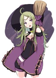 Rule 34 | 1girl, ahoge, alternate costume, blush, fire emblem, fire emblem awakening, fire emblem heroes, garter straps, gloves, green hair, hair ornament, halloween, highres, long hair, looking at viewer, nana (mizukas), navel, nintendo, nowi (fire emblem), pointy ears, purple eyes, smile, solo, witch
