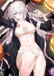 Rule 34 | 1girl, abs, absurdres, bandaged arm, bandages, black coat, blue eyes, breasts, burn scar, candy, chest sarashi, cleavage, coat, collarbone, commentary request, food, hair between eyes, hair over one eye, halloween, halloween costume, highres, jack-o&#039;-lantern, large breasts, lollipop, long hair, long sleeves, looking at viewer, lydia macarthur, lying, navel, on back, one-eyed, open clothes, open coat, original, parted lips, sarashi, scar, scar on face, sidelocks, silk, solo, spider web, stomach, very long hair, waka (shark waka)