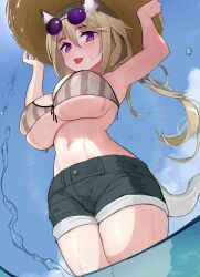 Rule 34 | 1girl, :d, absurdres, animal ears, arknights, armpits, blonde hair, blue sky, blush, breasts, cleavage, cloud, gatchan, hat, highres, large breasts, long hair, looking at viewer, navel, open mouth, purple eyes, shorts, sky, smile, solo, straw hat, tail, underboob, utage (arknights), utage (summer flowers) (arknights), wading