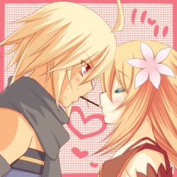 Rule 34 | 00s, 1boy, 1girl, blonde hair, blush, brown hair, couple, daybreak, emil castagnier, closed eyes, flower, food, hetero, long hair, lowres, marta lualdi, pocky, pocky kiss, red eyes, scarf, shared food, tales of (series), tales of symphonia, tales of symphonia: dawn of the new world