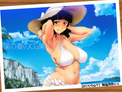 Rule 34 | 1girl, :p, amagasa higasa, armpits, arms up, belly, bikini, bikini top only, black hair, blue sky, blush, bracelet, breasts, cleavage, cloud, dated, day, hat, hip focus, jewelry, large breasts, looking at viewer, mature female, navel, photo (medium), red eyes, short hair, sky, solo, straw hat, sweat, swimsuit, tongue, tongue out, white bikini